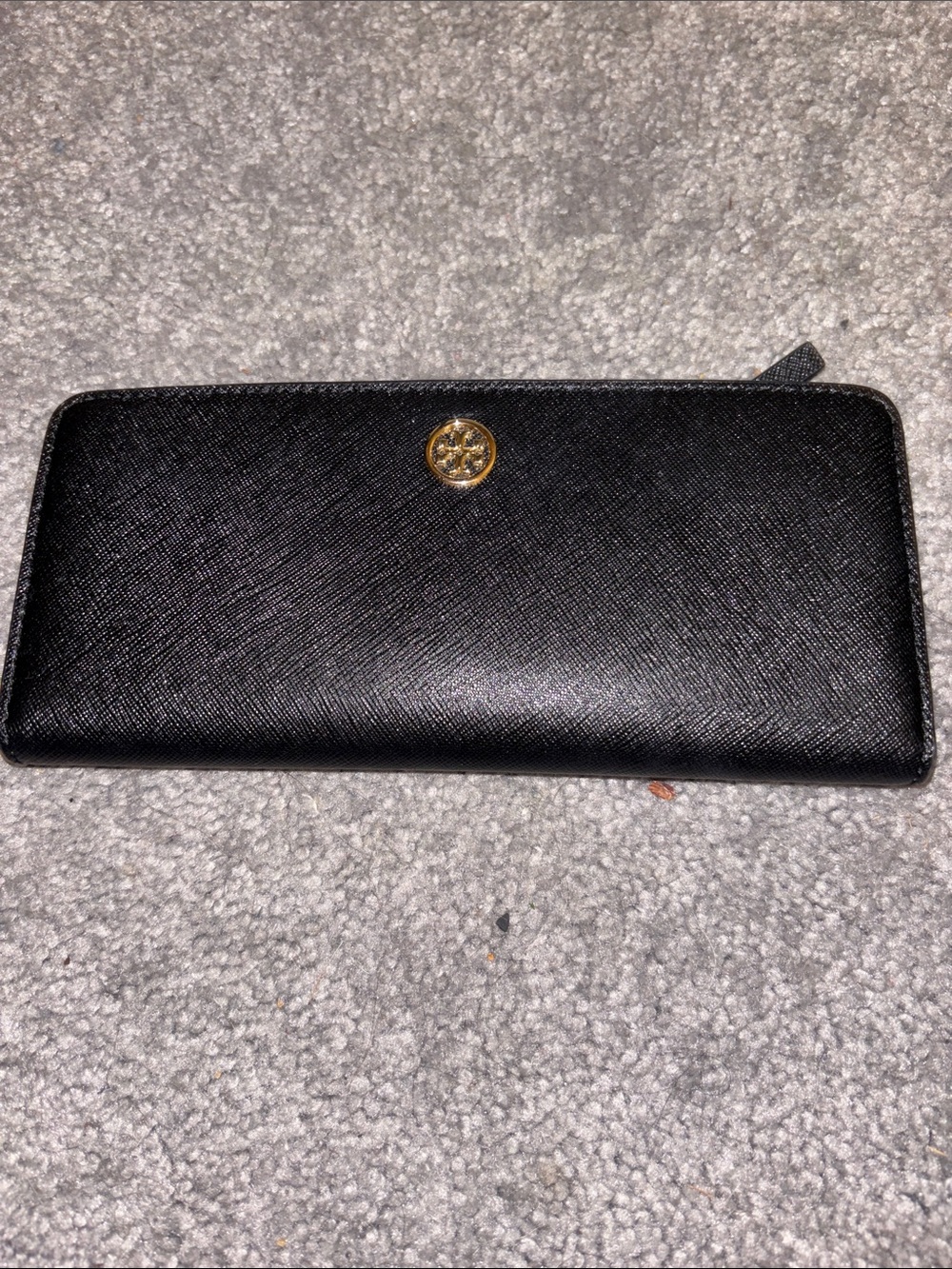 Tory Burch Black Saffiano Zip Wallet with Gold Logo Medallion